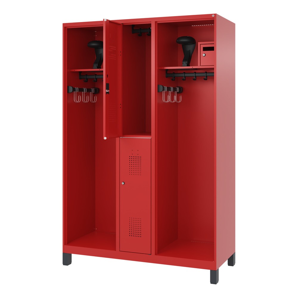 Produktabbildung: C+P Feuerwehrspind MAXI, Füße, HxBxT 1.850 x 1.300 x 500 mm, feuerrot, mit Helmhalter