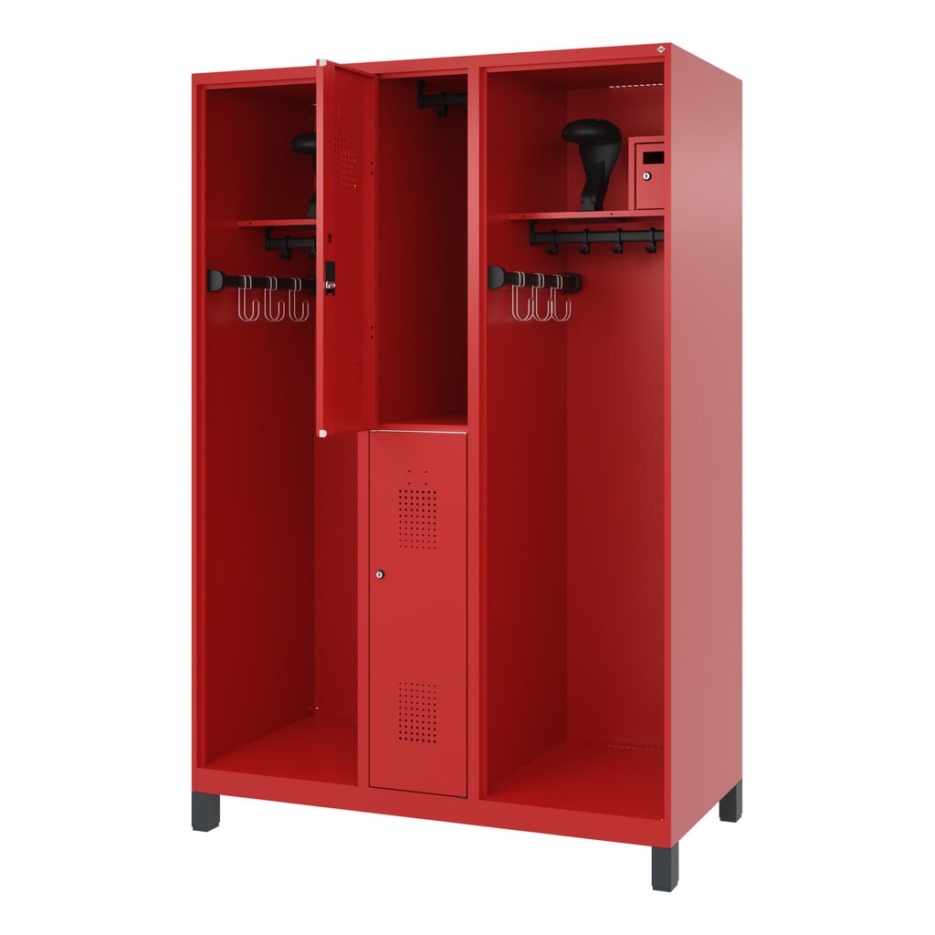 C+P Feuerwehrspind MAXI, Füße, HxBxT 1.850 x 1.300 x 600 mm, feuerrot, mit Helmhalter Produktabbildung: C+P Feuerwehrspind MAXI, Füße, HxBxT 1.850 x 1.300 x 600 mm, feuerrot, mit Helmhalter