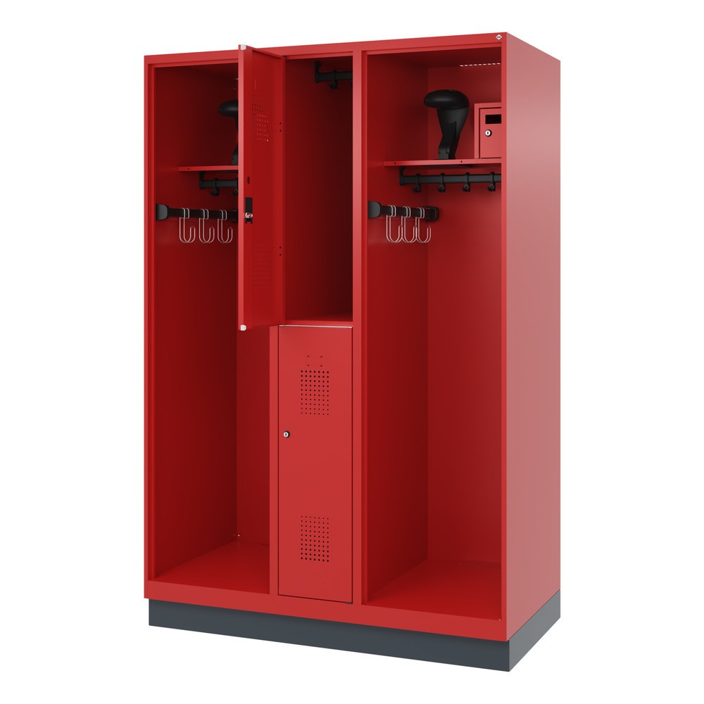 Produktabbildung: C+P Feuerwehrspind MAXI, Sockel, HxBxT 1.850 x 1.300 x 600 mm, feuerrot, mit Helmhalter