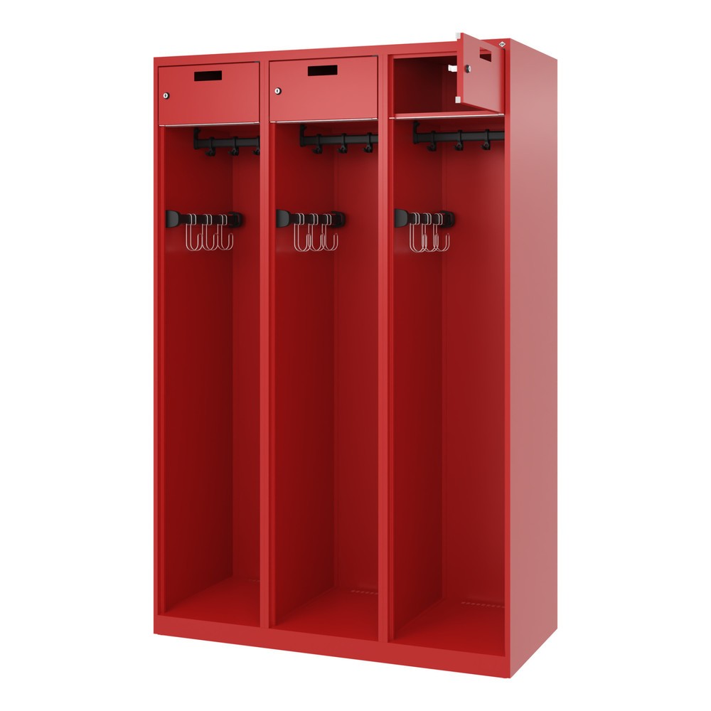 Produktabbildung: C+P Feuerwehrspind PRAKTUS, Bodengleiter, 3 Abteile, HxBxT 1.850 x 1.200 x 500 mm, feuerrot