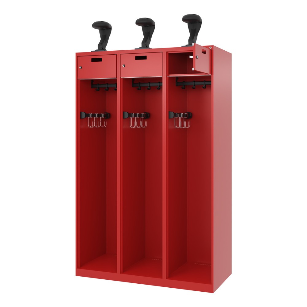 Produktabbildung: C+P Feuerwehrspind PRAKTUS, Bodengleiter, 3 Abteile, HxBxT 1.850 x 1.200 x 500 mm, feuerrot, mit Helmhalter