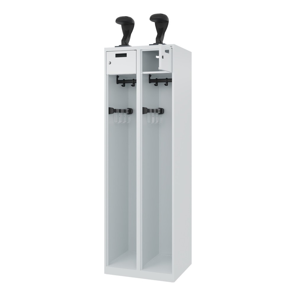 Produktabbildung: C+P Feuerwehrspind PRAKTUS, Bodengleiter, 2 Abteile, HxBxT 1.850 x 600 x 500 mm, lichtgrau, mit Helmhalter