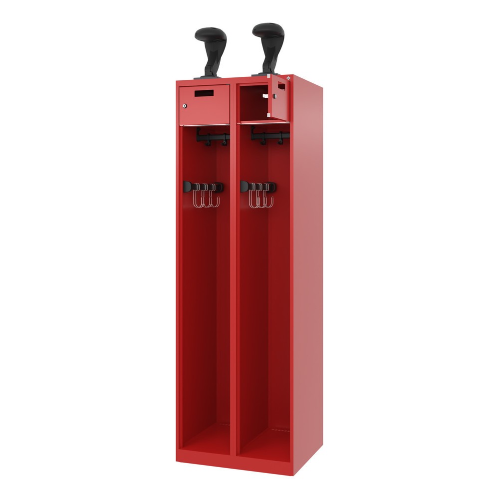 Produktabbildung: C+P Feuerwehrspind PRAKTUS, Bodengleiter, 2 Abteile, HxBxT 1.850 x 600 x 500 mm, feuerrot, mit Helmhalter