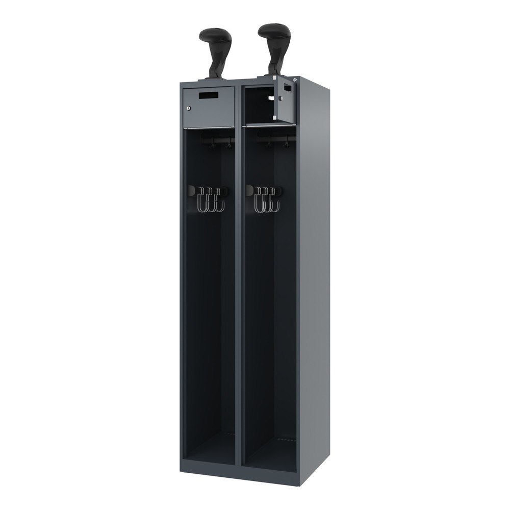 Produktabbildung: C+P Feuerwehrspind PRAKTUS, Bodengleiter, 2 Abteile, HxBxT 1.850 x 600 x 500 mm, anthrazitgrau, mit Helmhalter