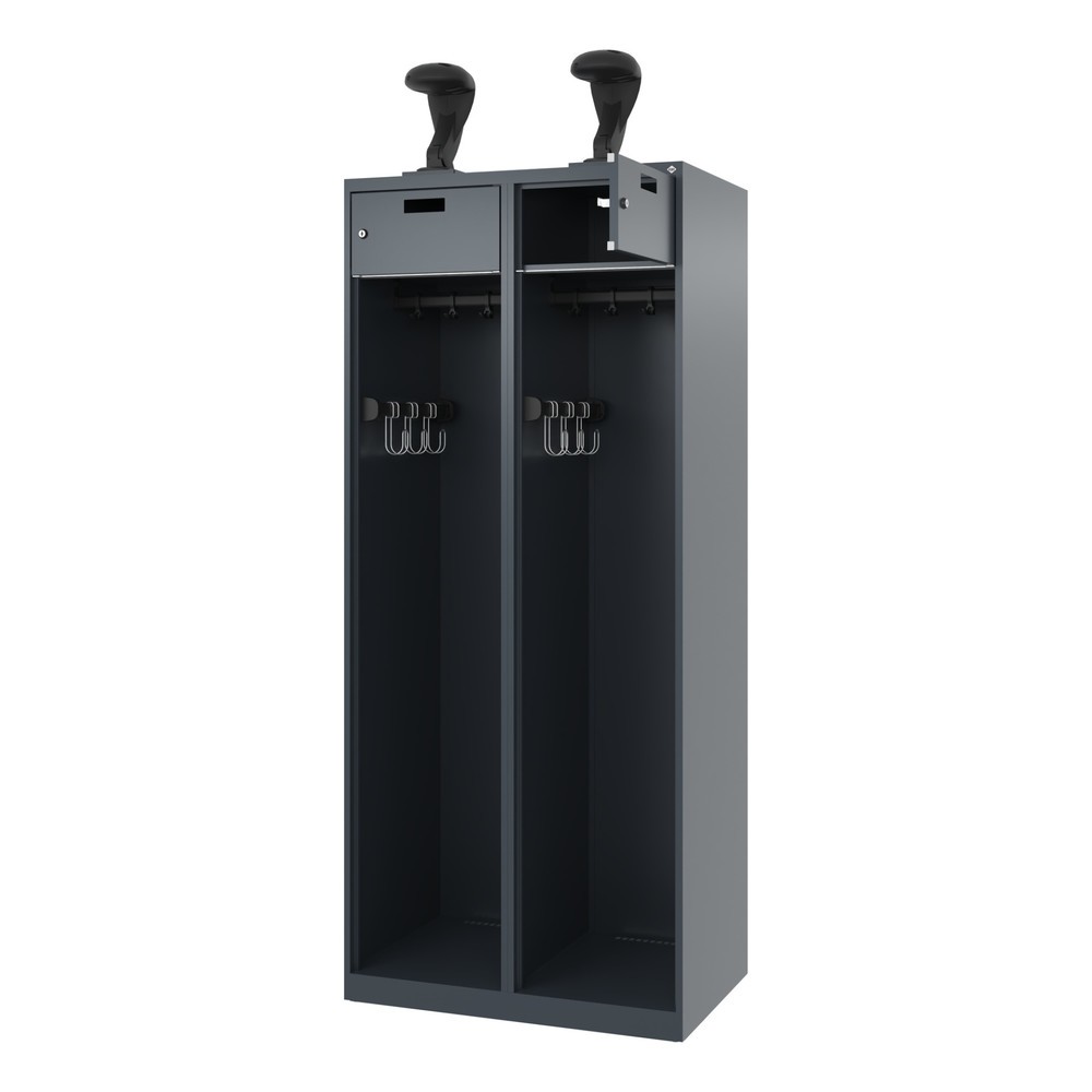 Produktabbildung: C+P Feuerwehrspind PRAKTUS, Bodengleiter, 2 Abteile, HxBxT 1.850 x 800 x 500 mm, anthrazitgrau, mit Helmhalter