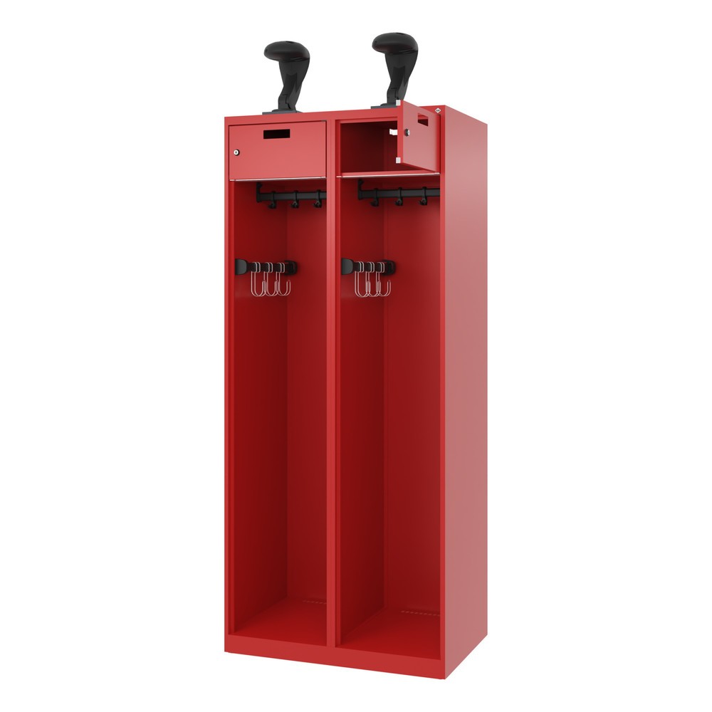 Produktabbildung: C+P Feuerwehrspind PRAKTUS, Bodengleiter, 2 Abteile, HxBxT 1.850 x 800 x 500 mm, feuerrot, mit Helmhalter