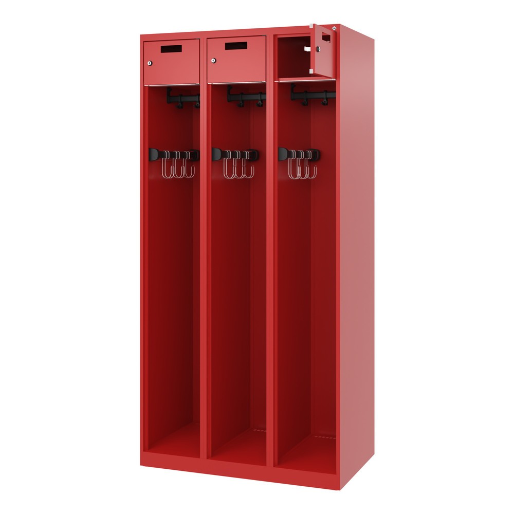 Produktabbildung: C+P Feuerwehrspind PRAKTUS, Bodengleiter, 3 Abteile, HxBxT 1.850 x 900 x 500 mm, feuerrot