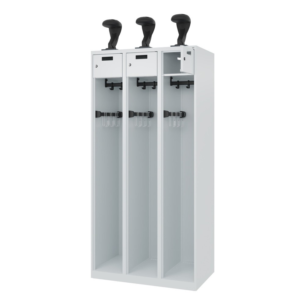 Produktabbildung: C+P Feuerwehrspind PRAKTUS, Bodengleiter, 3 Abteile, HxBxT 1.850 x 900 x 500 mm, lichtgrau, mit Helmhalter