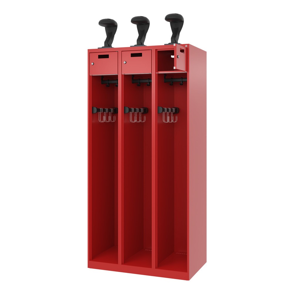 Produktabbildung: C+P Feuerwehrspind PRAKTUS, Bodengleiter, 3 Abteile, HxBxT 1.850 x 900 x 500 mm, feuerrot, mit Helmhalter