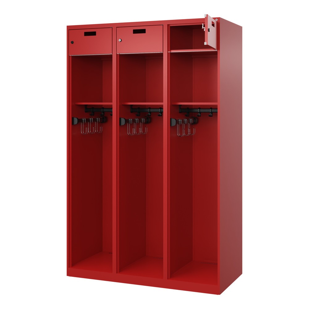 Produktabbildung: C+P Feuerwehrspind PRAKTUS, Bodengleiter, 3 Abteile, HxBxT 1.850 x 1.200 x 500 mm, feuerrot