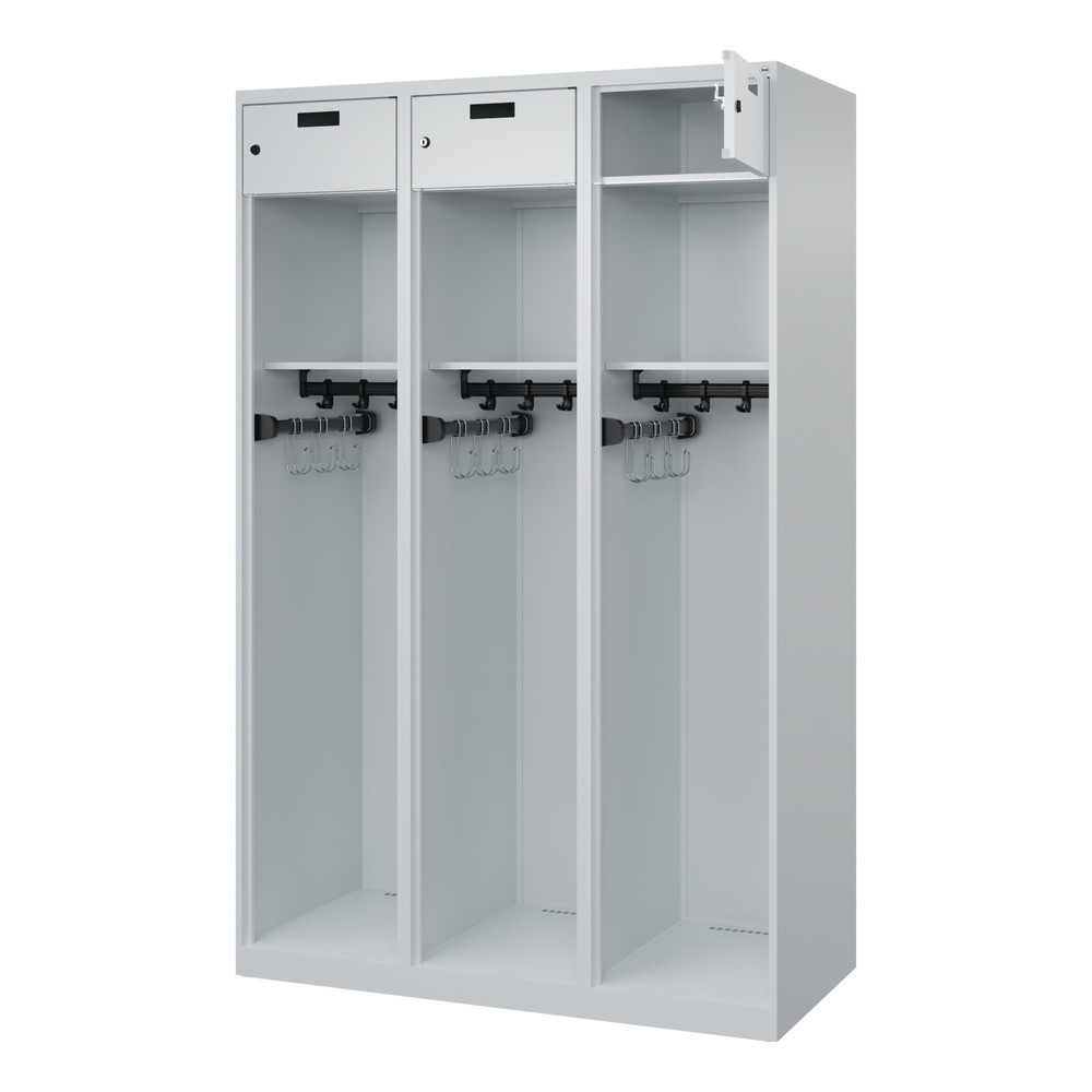 Produktabbildung: C+P Feuerwehrspind PRAKTUS, Bodengleiter, 3 Abteile, HxBxT 1.850 x 1.200 x 500 mm, lichtgrau
