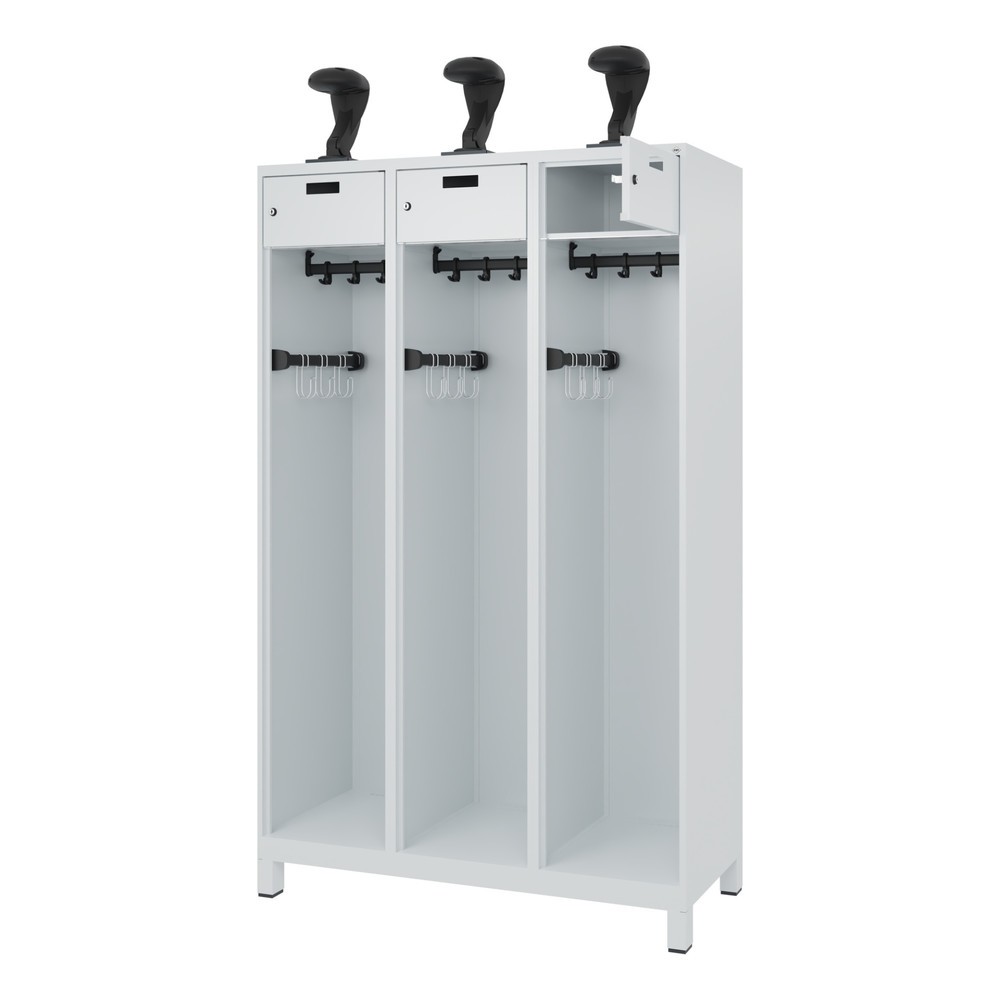 Produktabbildung: C+P Feuerwehrspind PRAKTUS, Füße, 3 Abteile, HxBxT 1.850 x 1.200 x 500 mm, lichtgrau, mit Helmhalter