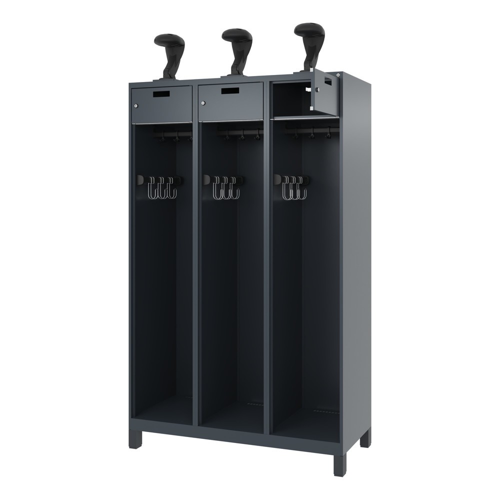 Produktabbildung: C+P Feuerwehrspind PRAKTUS, Füße, 3 Abteile, HxBxT 1.850 x 1.200 x 500 mm, anthrazitgrau, mit Helmhalter