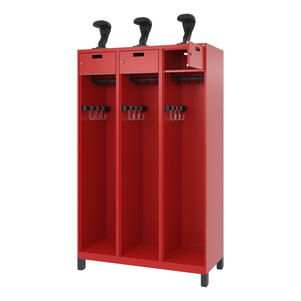 Produktabbildung Nr. 1: C+P Feuerwehrspind PRAKTUS, Füße, 3 Abteile, HxBxT 1.850 x 1.200 x 500 mm, feuerrot, mit Helmhalter