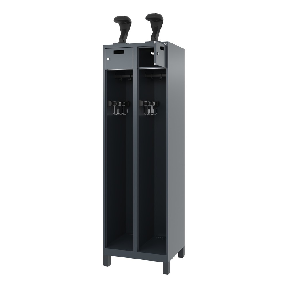 Produktabbildung: C+P Feuerwehrspind PRAKTUS, Füße, 2 Abteile, HxBxT 1.850 x 600 x 500 mm, anthrazitgrau, mit Helmhalter