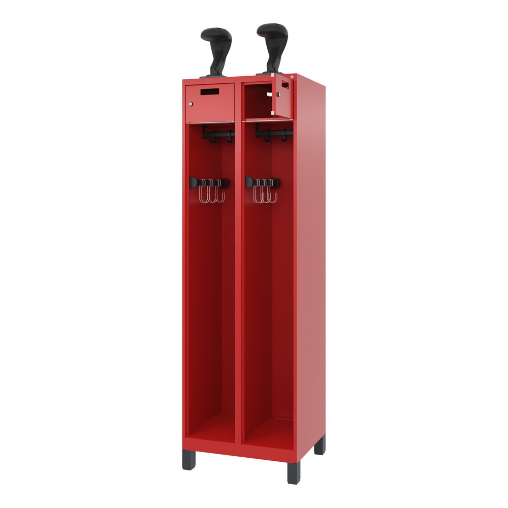 Produktabbildung: C+P Feuerwehrspind PRAKTUS, Füße, 2 Abteile, HxBxT 1.850 x 600 x 500 mm, feuerrot, mit Helmhalter