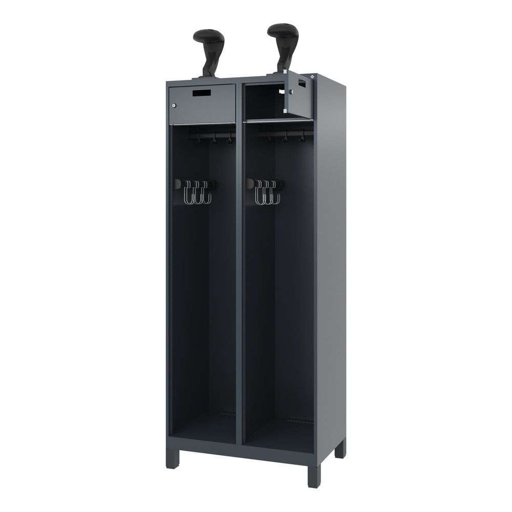Produktabbildung: C+P Feuerwehrspind PRAKTUS, Füße, 2 Abteile, HxBxT 1.850 x 800 x 500 mm, anthrazitgrau, mit Helmhalter