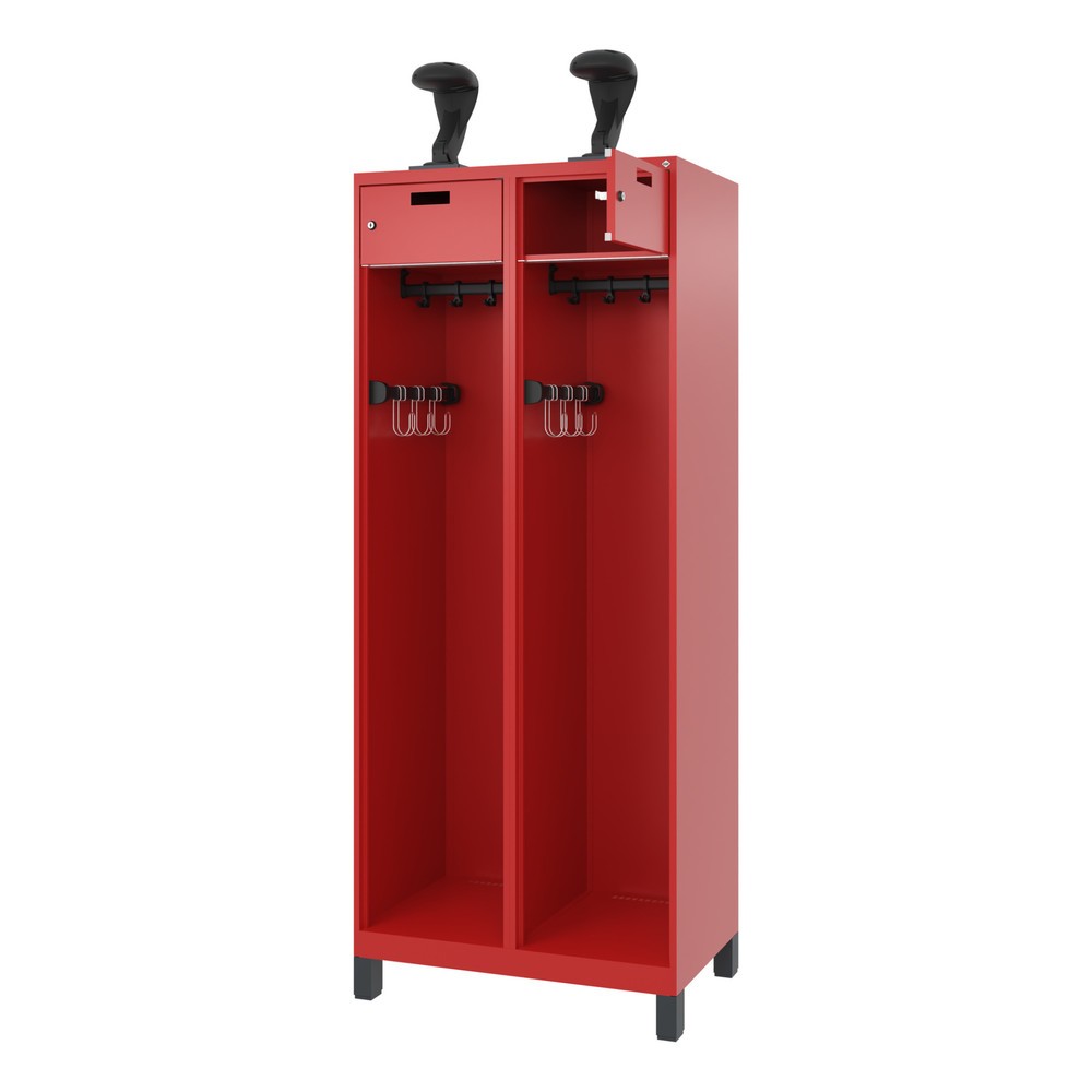 Produktabbildung: C+P Feuerwehrspind PRAKTUS, Füße, 2 Abteile, HxBxT 1.850 x 800 x 500 mm, feuerrot, mit Helmhalter