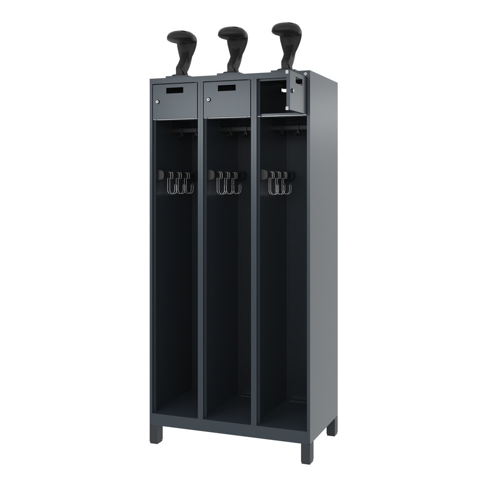 Produktabbildung: C+P Feuerwehrspind PRAKTUS, Füße, 3 Abteile, HxBxT 1.850 x 900 x 500 mm, anthrazitgrau, mit Helmhalter