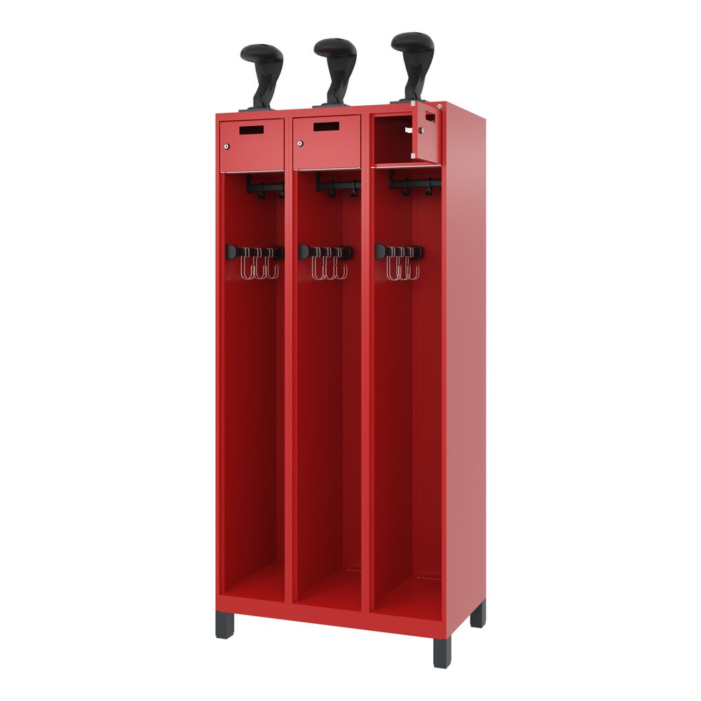 Produktabbildung: C+P Feuerwehrspind PRAKTUS, Füße, 3 Abteile, HxBxT 1.850 x 900 x 500 mm, feuerrot, mit Helmhalter