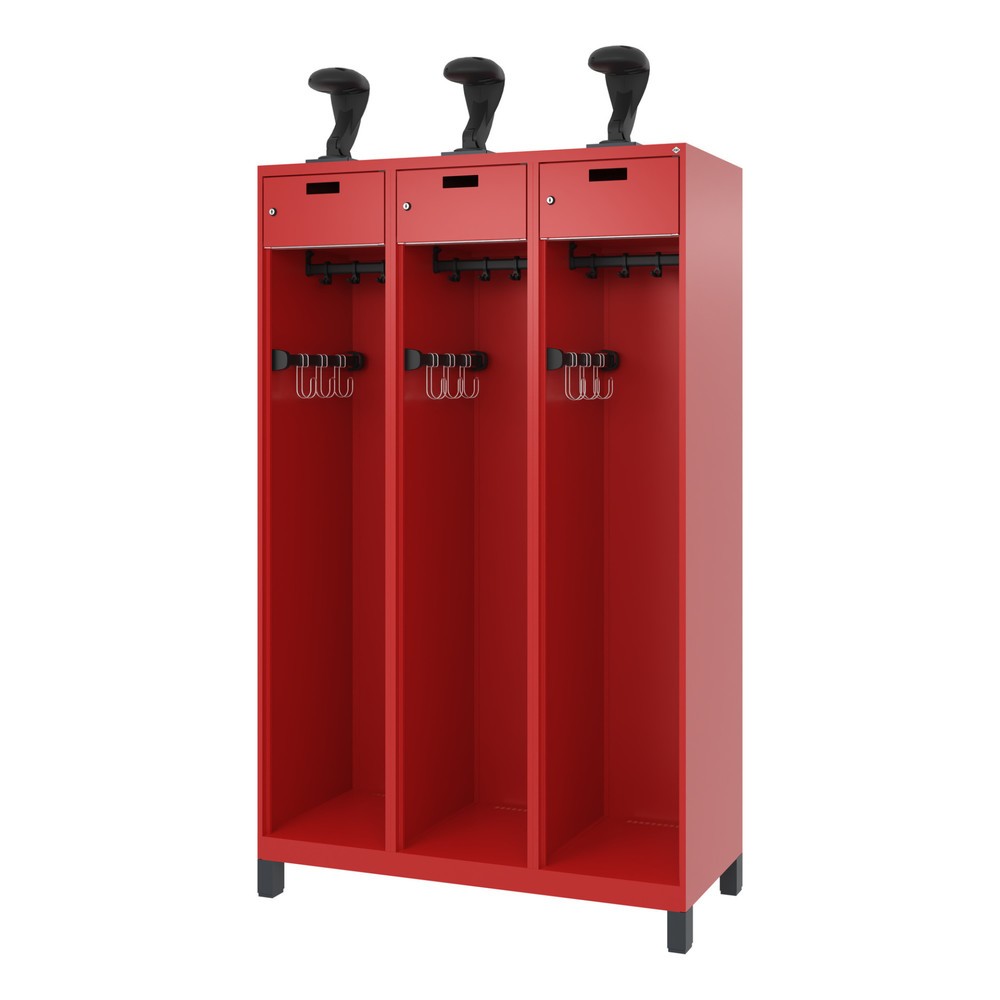Produktabbildung Nr. 5: C+P Feuerwehrspind PRAKTUS, Füße, 3 Abteile, HxBxT 1.850 x 1.200 x 500 mm, feuerrot, mit Helmhalter