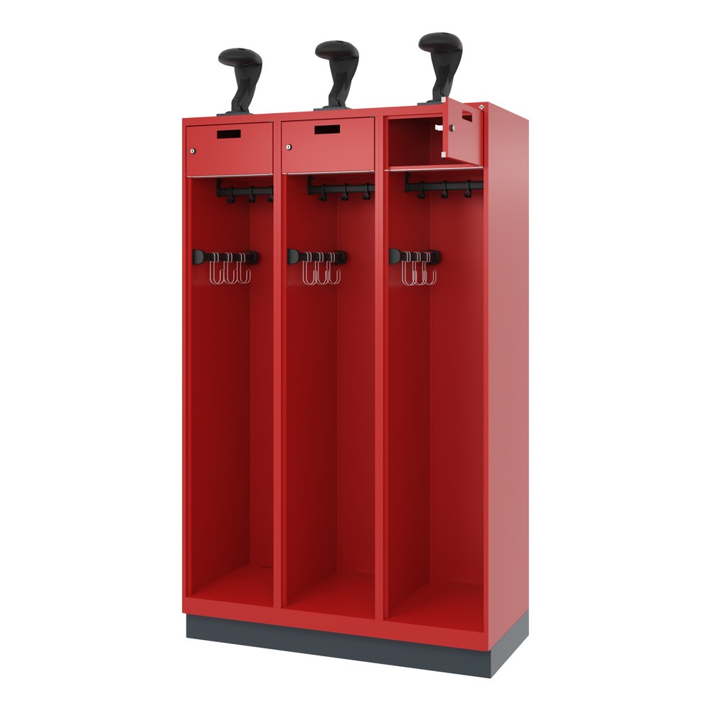 Produktabbildung: C+P Feuerwehrspind PRAKTUS, Sokel, 3 Abteile, HxBxT 1.850 x 1.200 x 500 mm, feuerrot, mit Helmhalter