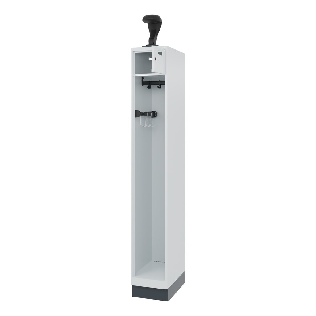 Produktabbildung: C+P Feuerwehrspind PRAKTUS, Sokel, 1 Abteil, HxBxT 1.850 x 300 x 500 mm, lichtgrau, mit Helmhalter