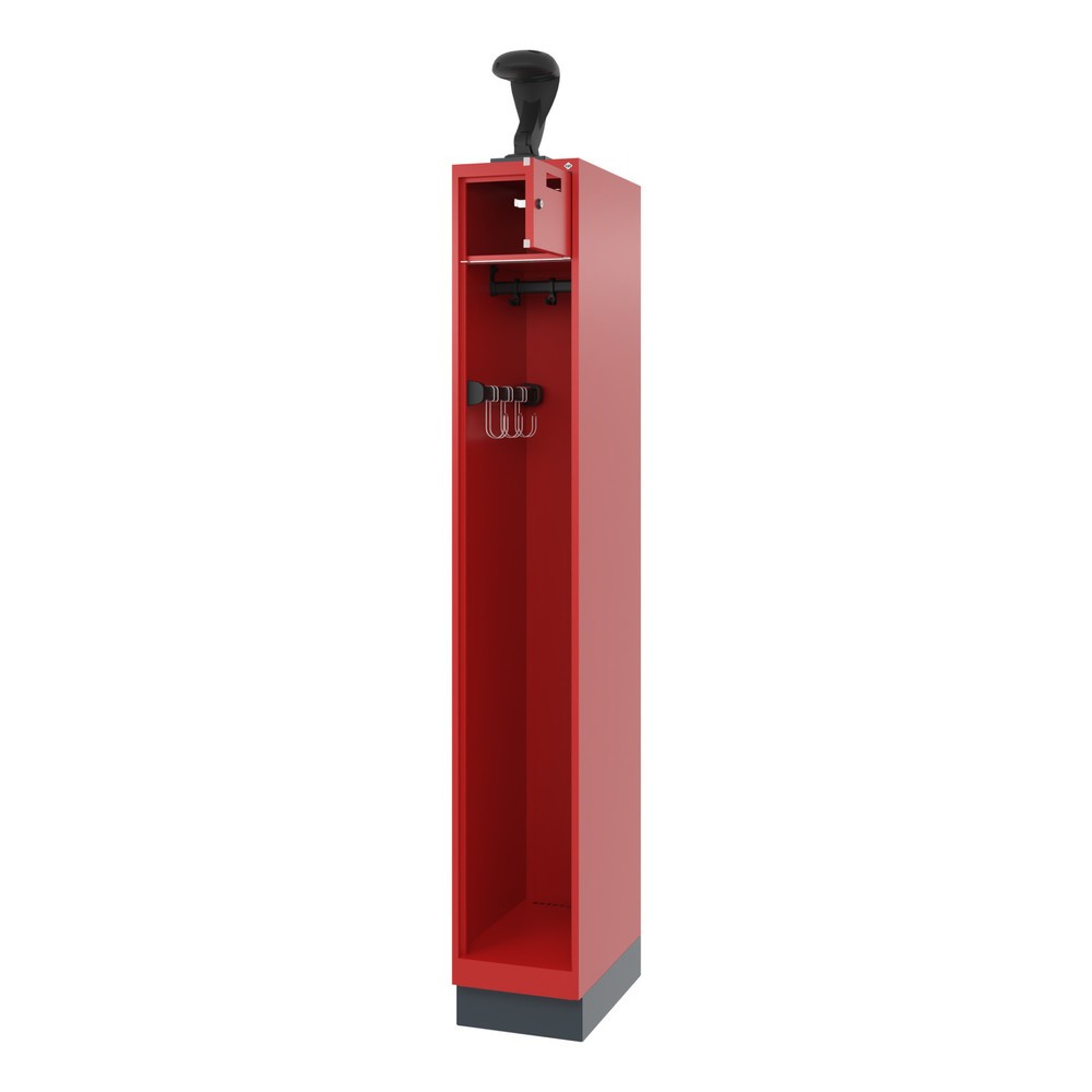 Produktabbildung: C+P Feuerwehrspind PRAKTUS, Sokel, 1 Abteil, HxBxT 1.850 x 300 x 500 mm, feuerrot, mit Helmhalter