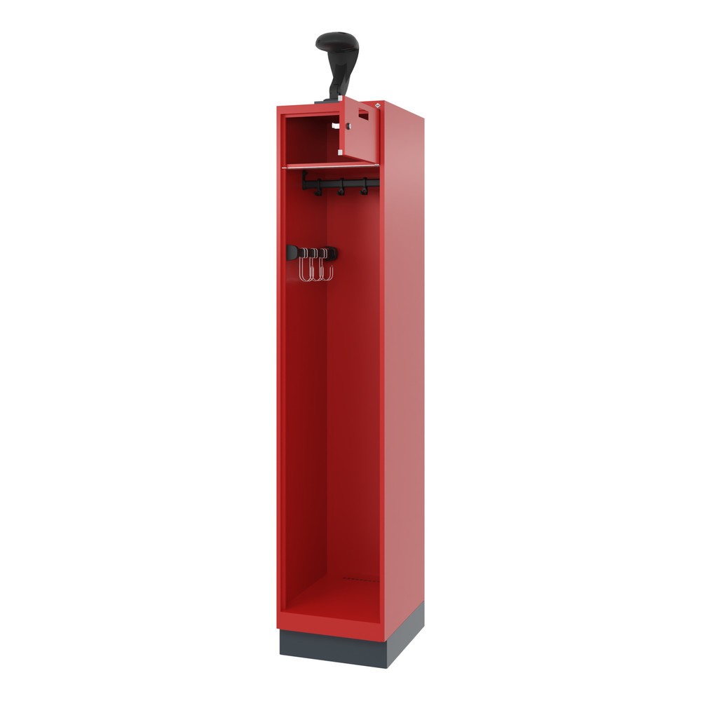 Produktabbildung: C+P Feuerwehrspind PRAKTUS, Sokel, 1 Abteil, HxBxT 1.850 x 400 x 500 mm, feuerrot, mit Helmhalter
