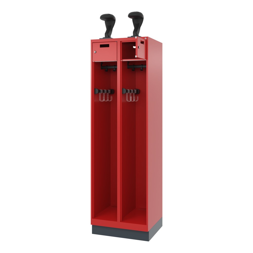 Produktabbildung: C+P Feuerwehrspind PRAKTUS, Sokel, 2 Abteile, HxBxT 1.850 x 600 x 500 mm, feuerrot, mit Helmhalter
