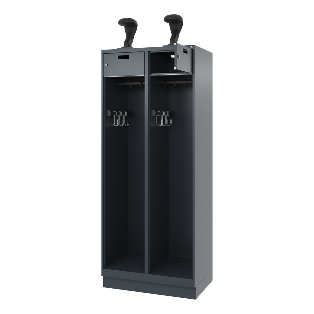 Produktabbildung: C+P Feuerwehrspind PRAKTUS, Sokel, 2 Abteile, HxBxT 1.850 x 800 x 500 mm, anthrazitgrau, mit Helmhalter