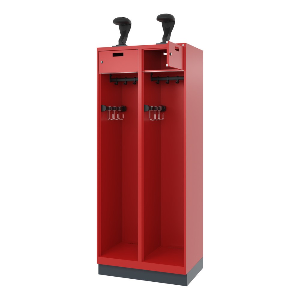 Produktabbildung: C+P Feuerwehrspind PRAKTUS, Sokel, 2 Abteile, HxBxT 1.850 x 800 x 500 mm, feuerrot, mit Helmhalter