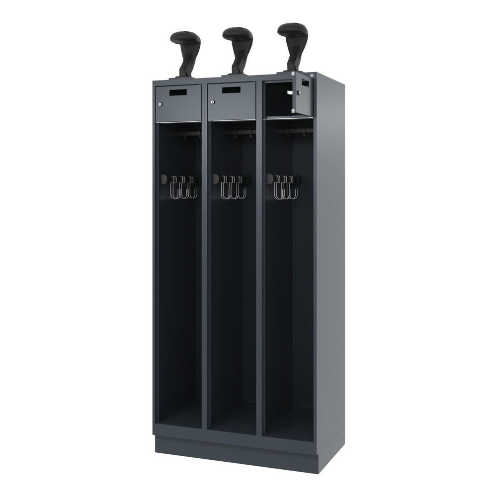 Produktabbildung: C+P Feuerwehrspind PRAKTUS, Sokel, 3 Abteile, HxBxT 1.850 x 900 x 500 mm, anthrazitgrau, mit Helmhalter
