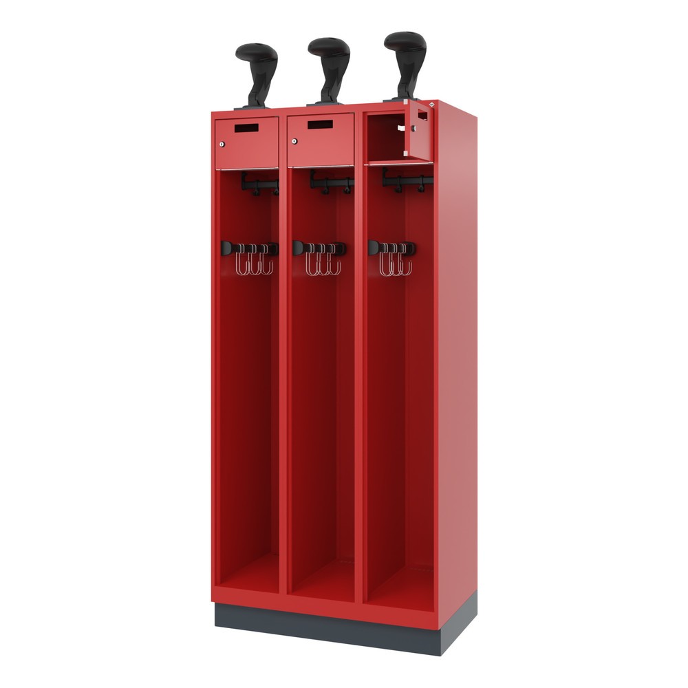 Produktabbildung: C+P Feuerwehrspind PRAKTUS, Sokel, 3 Abteile, HxBxT 1.850 x 900 x 500 mm, feuerrot, mit Helmhalter
