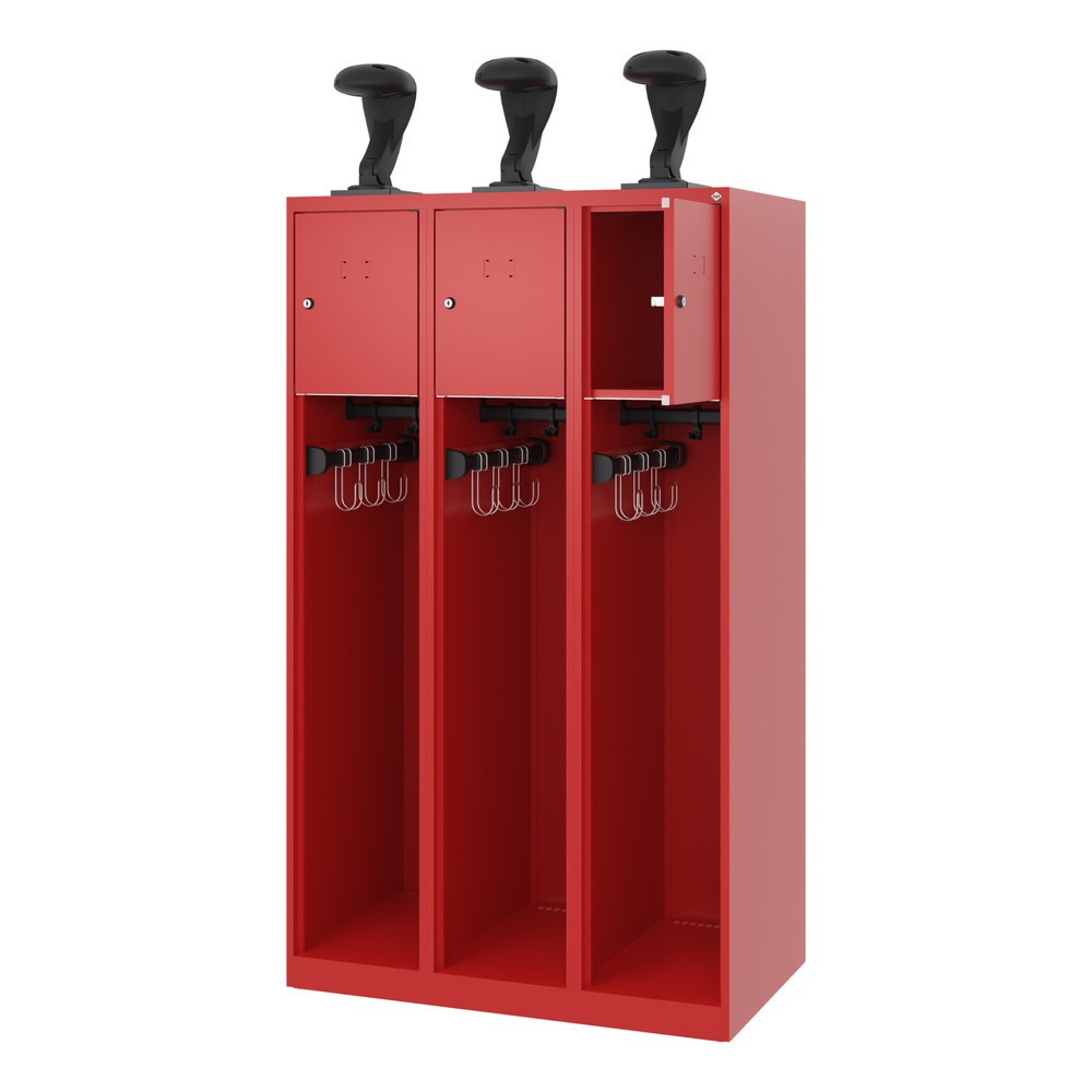 Produktabbildung: C+P Feuerwehrspind YOUNGSTER, Bodengleiter, 3 Abteile, HxBxT 1.530 x 900 x 500 mm, feuerrot, mit Helmhalter