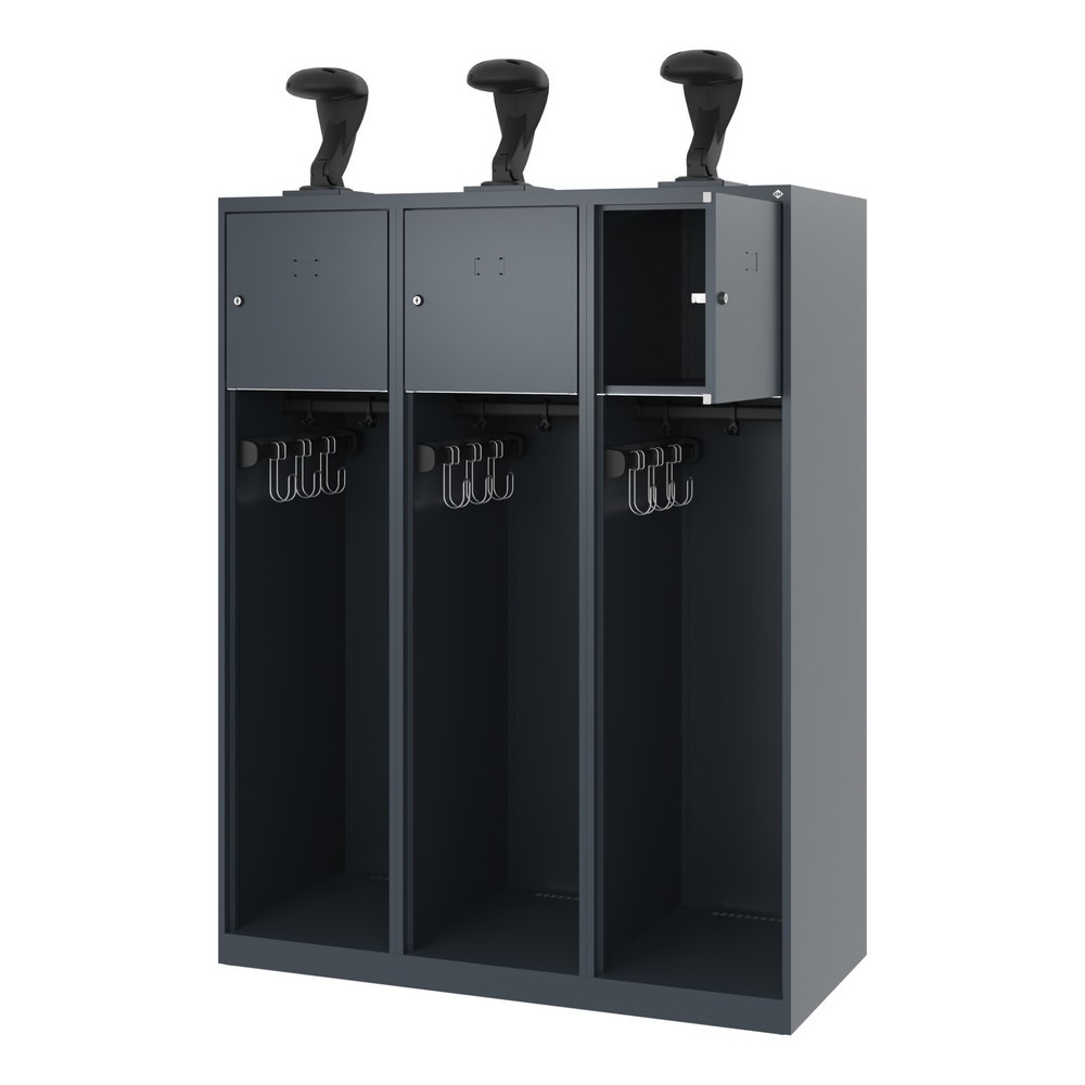 Produktabbildung: C+P Feuerwehrspind YOUNGSTER, Bodengleiter, 3 Abteile, HxBxT 1.530 x 1.200 x 500 mm, anthrazitgrau, mit Helmhalter