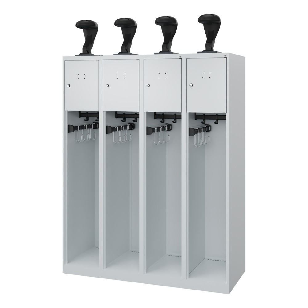 Produktabbildung: C+P Feuerwehrspind YOUNGSTER, Bodengleiter, 4 Abteile, HxBxT 1.530 x 1.200 x 500 mm, lichtgrau, mit Helmhalter