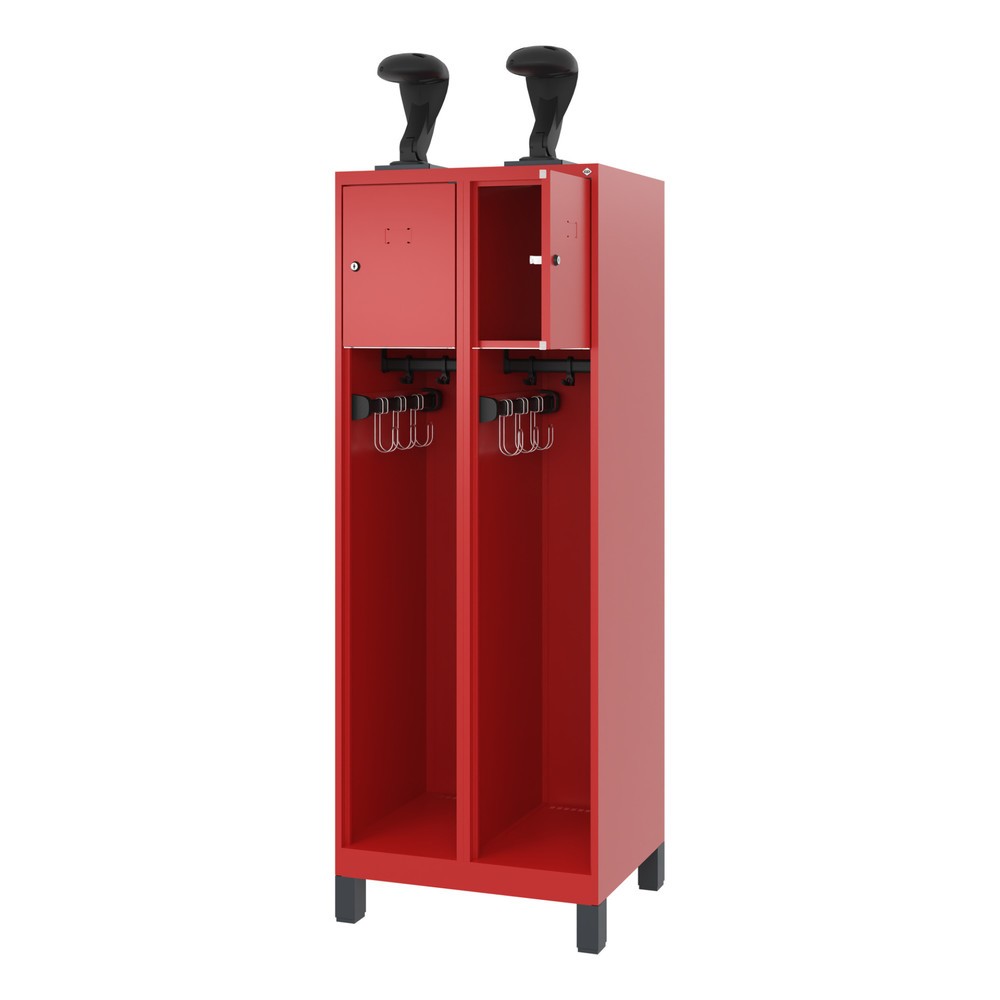 Produktabbildung: C+P Feuerwehrspind YOUNGSTER, Füße, 2 Abteile, HxBxT 1.530 x 600 x 500 mm, feuerrot, mit Helmhalter