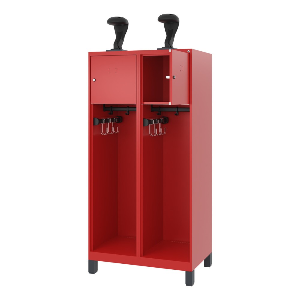 Produktabbildung: C+P Feuerwehrspind YOUNGSTER, Füße, 2 Abteile, HxBxT 1.530 x 800 x 500 mm, feuerrot, mit Helmhalter
