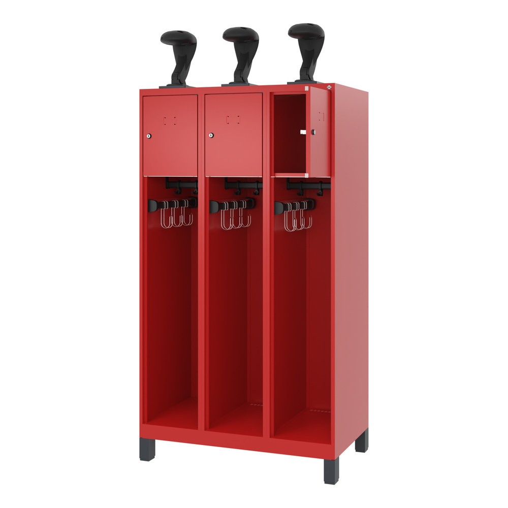 Produktabbildung: C+P Feuerwehrspind YOUNGSTER, Füße, 3 Abteile, HxBxT 1.530 x 900 x 500 mm, feuerrot, mit Helmhalter