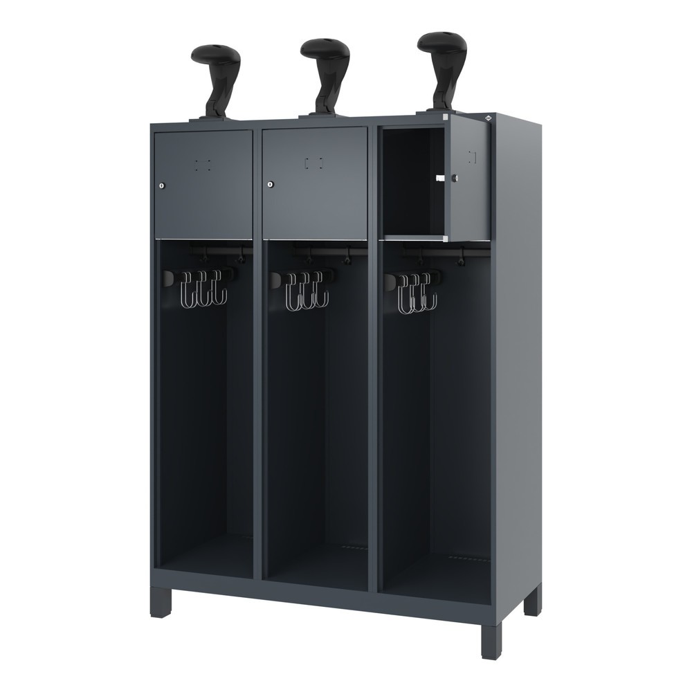 Produktabbildung: C+P Feuerwehrspind YOUNGSTER, Füße, 3 Abteile, HxBxT 1.530 x 1.200 x 500 mm, anthrazitgrau, mit Helmhalter