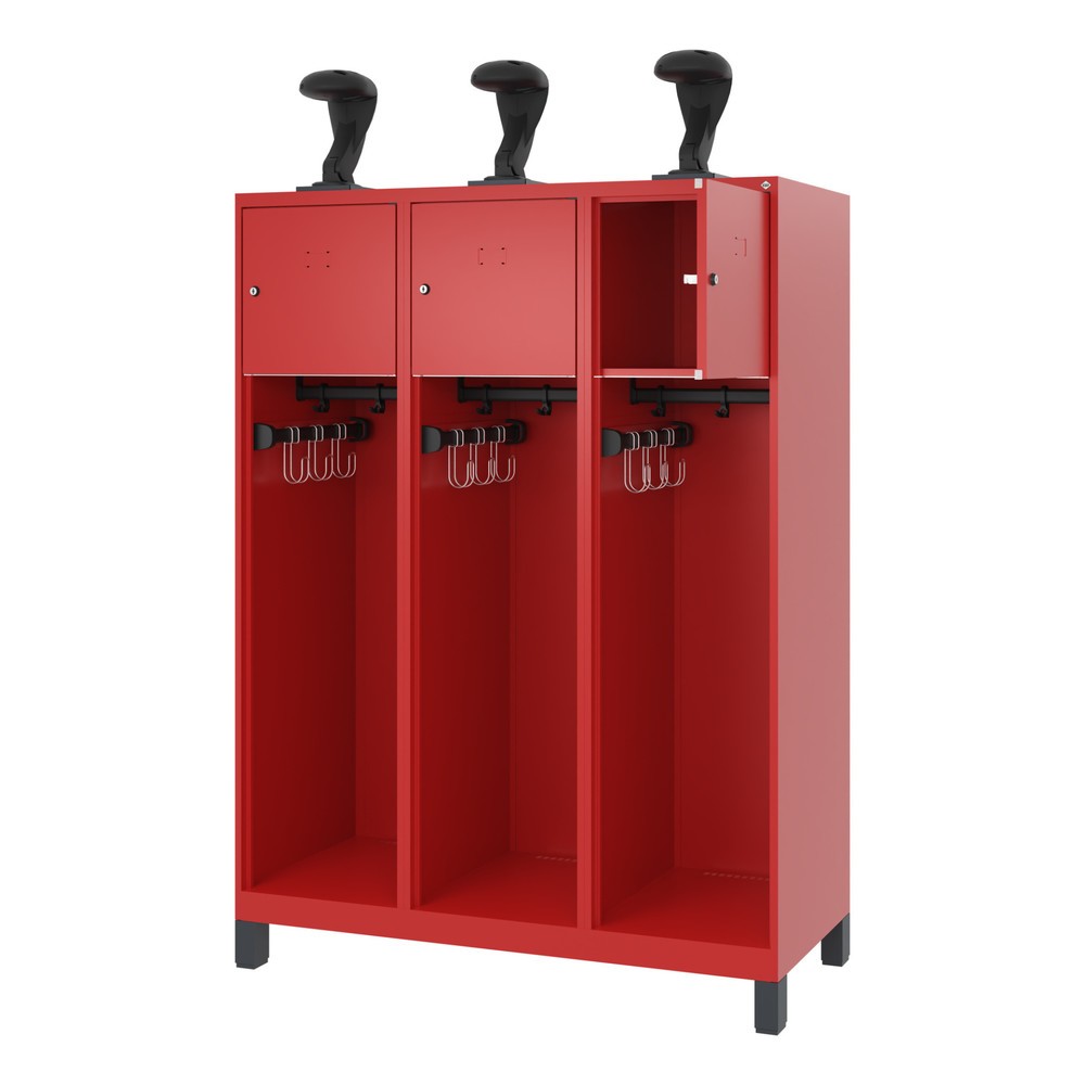 Produktabbildung: C+P Feuerwehrspind YOUNGSTER, Füße, 3 Abteile, HxBxT 1.530 x 1.200 x 500 mm, feuerrot, mit Helmhalter