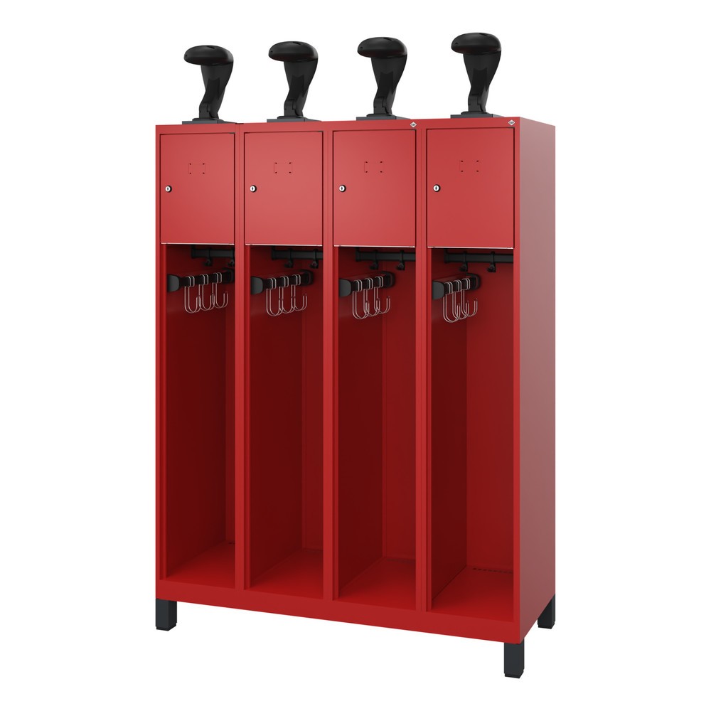 Produktabbildung: C+P Feuerwehrspind YOUNGSTER, Füße, 4 Abteile, HxBxT 1.530 x 1.200 x 500 mm, feuerrot, mit Helmhalter
