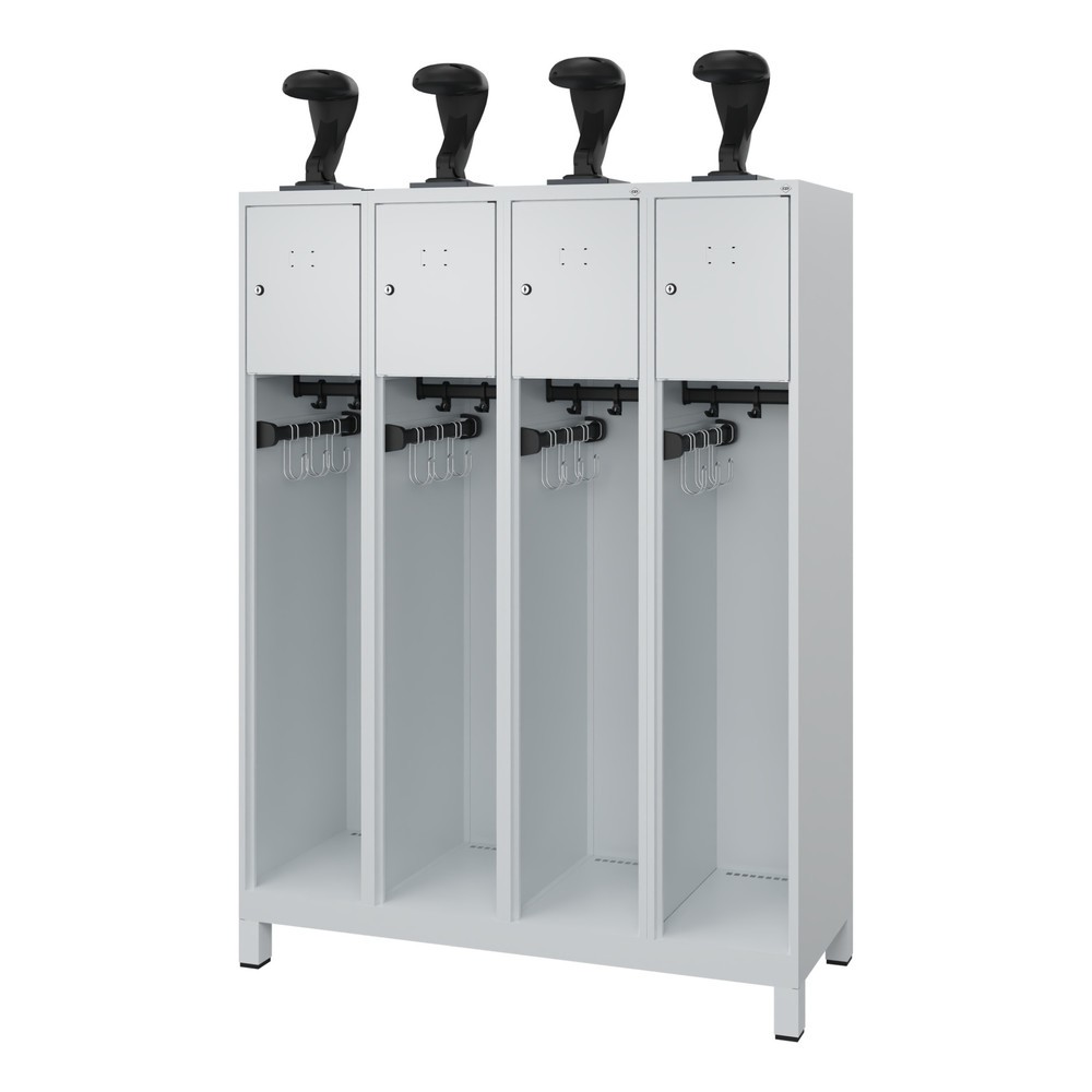 Produktabbildung: C+P Feuerwehrspind YOUNGSTER, Füße, 4 Abteile, HxBxT 1.530 x 1.200 x 500 mm, lichtgrau, mit Helmhalter