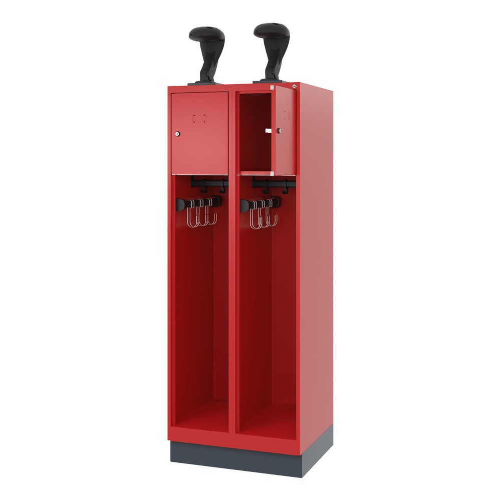 Produktabbildung: C+P Feuerwehrspind YOUNGSTER, Sockel, 2 Abteile, HxBxT 1.530 x 600 x 500 mm, feuerrot, mit Helmhalter