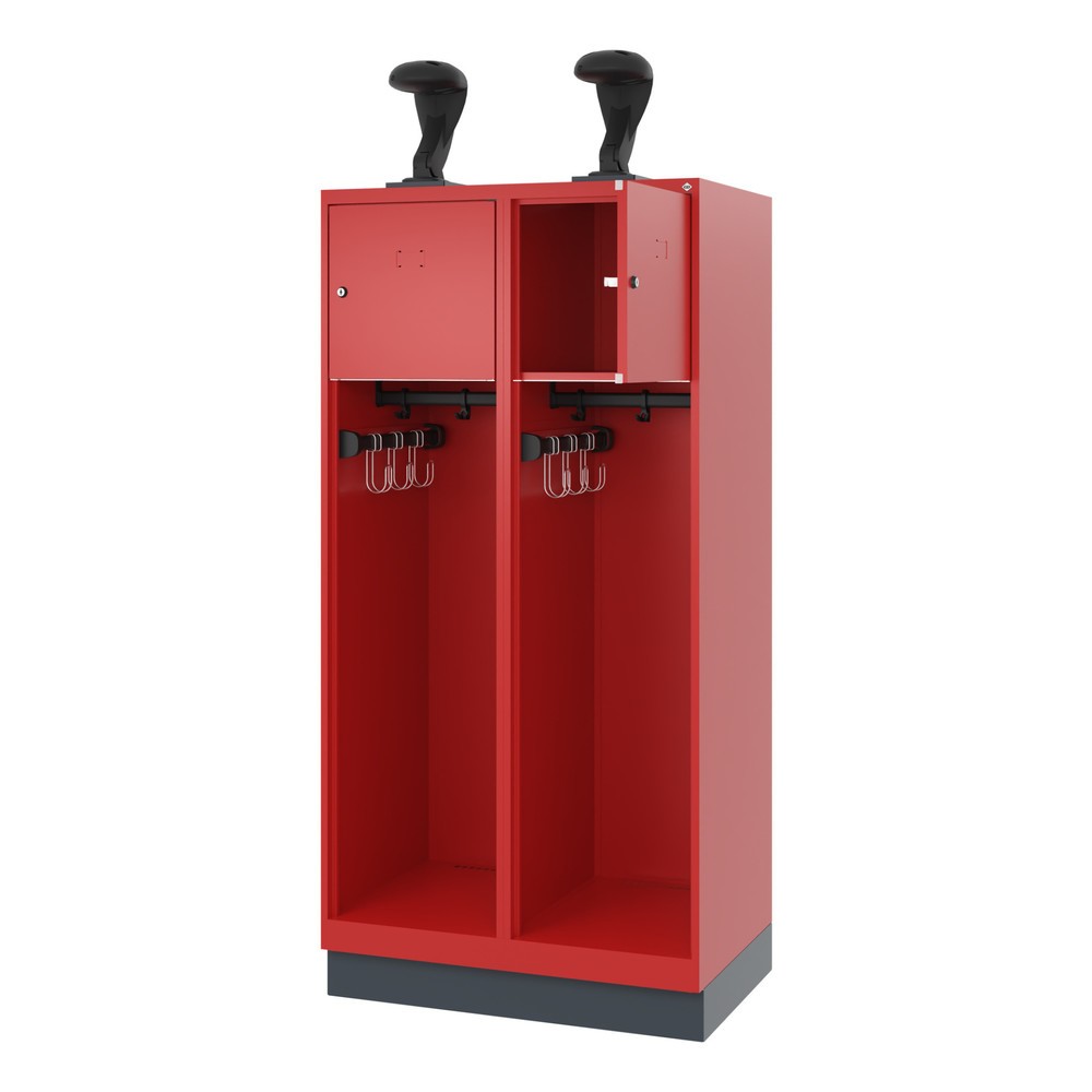 Produktabbildung: C+P Feuerwehrspind YOUNGSTER, Sockel, 2 Abteile, HxBxT 1.530 x 800 x 500 mm, feuerrot, mit Helmhalter