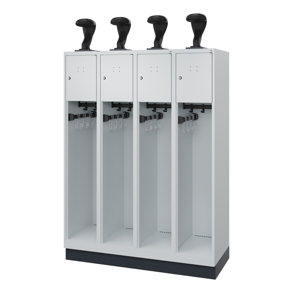 Produktabbildung: C+P Feuerwehrspind YOUNGSTER, Sockel, 4 Abteile, HxBxT 1.530 x 1.200 x 500 mm, lichtgrau, mit Helmhalter