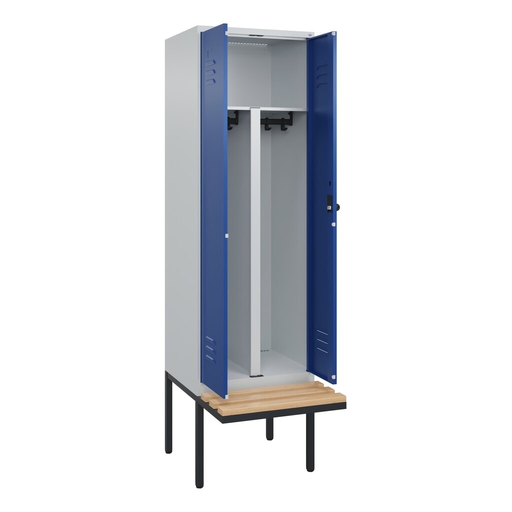 C+P PSA Doppel-Spind Classic PLUS, 2 Abteile, HxBxT 2.120 x 600 x 815 mm, für Vorhängeschloss, auskragende Bank aus Buche, lichtgrau, enzianblau Produktabbildung: C+P PSA Doppel-Spind Classic PLUS, 2 Abteile, HxBxT 2.120 x 600 x 815 mm, für Vorhängeschloss, auskragende Bank aus Buche, lichtgrau, enzianblau