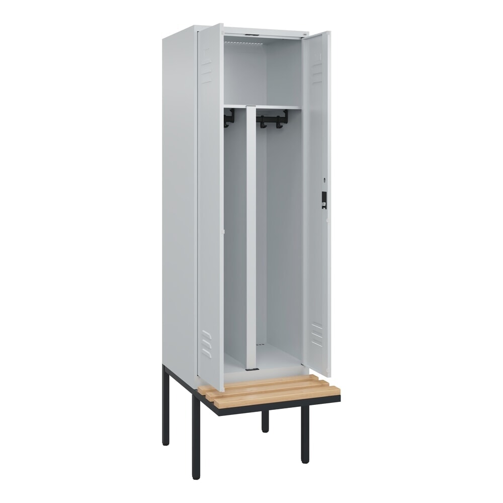 Produktabbildung: C+P PSA Doppel-Spind Classic PLUS, 2 Abteile, HxBxT 2.120 x 600 x 815 mm, Zylinderschloss, auskragende Bank aus Buche, lichtgrau, lichtgrau