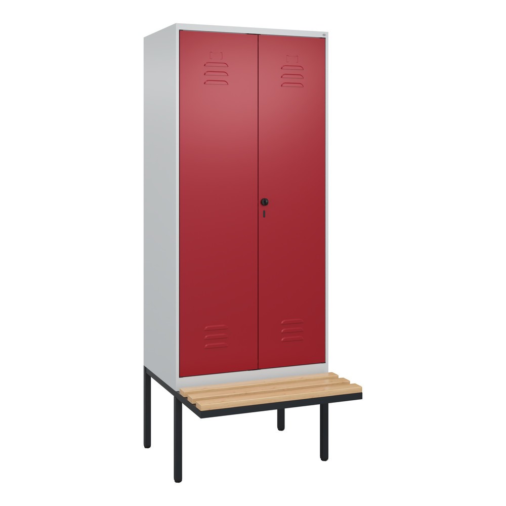 Produktabbildung: C+P PSA Doppel-Spind Classic PLUS, 2 Abteile, HxBxT 2.120 x 800 x 815 mm, für Vorhängeschloss, auskragende Bank aus Buche, lichtgrau, rubinrot